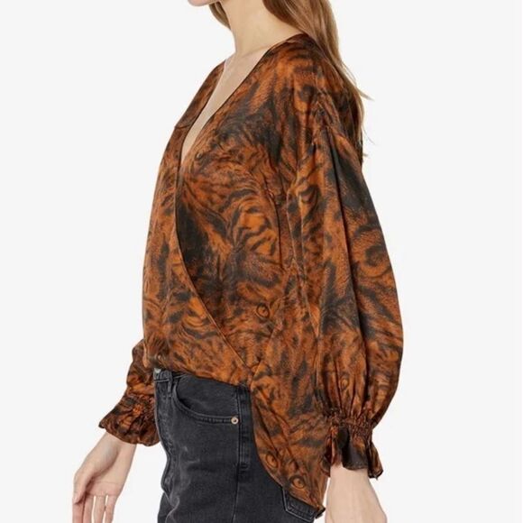 AllSaints Penny Grizedale Cat Print Wrap Front Blouse - Picture 2 of 8